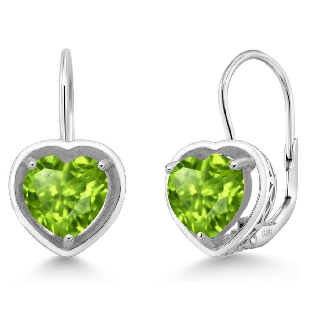 925 Sterling Silver with 2.40 Cttw 7MM Peridot Heart Leverback Drop Earrings